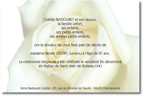 Personnaliser et commander "Rose Blanche" - Faire part de dcs