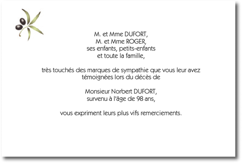 Personnaliser et commander "L'Olivier" - Carte de Remerciement dcs
