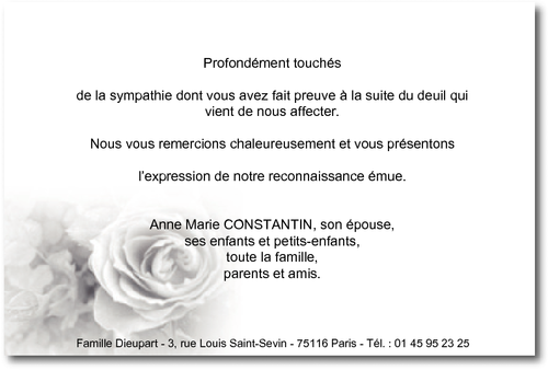 Carte de remerciement décès rose en niveau de gris