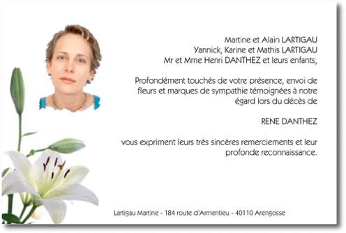 Personnaliser et commander "Le Lys avec photo du dfunt" - Carte de Remerciement dcs