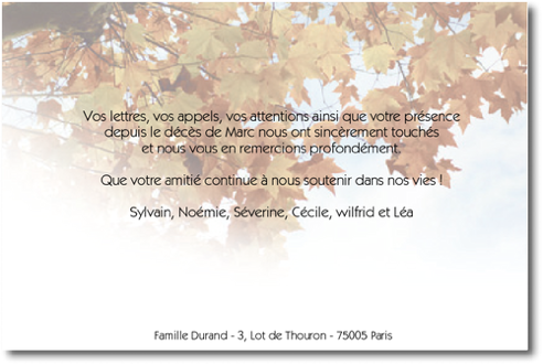 Personnaliser et commander "Feuillage d'Automne" - Carte de Remerciement dcs