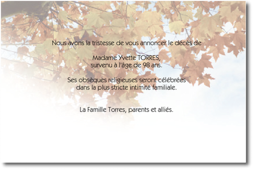 Personnaliser et commander "Feuillage d'Automne" - Faire part de dcs
